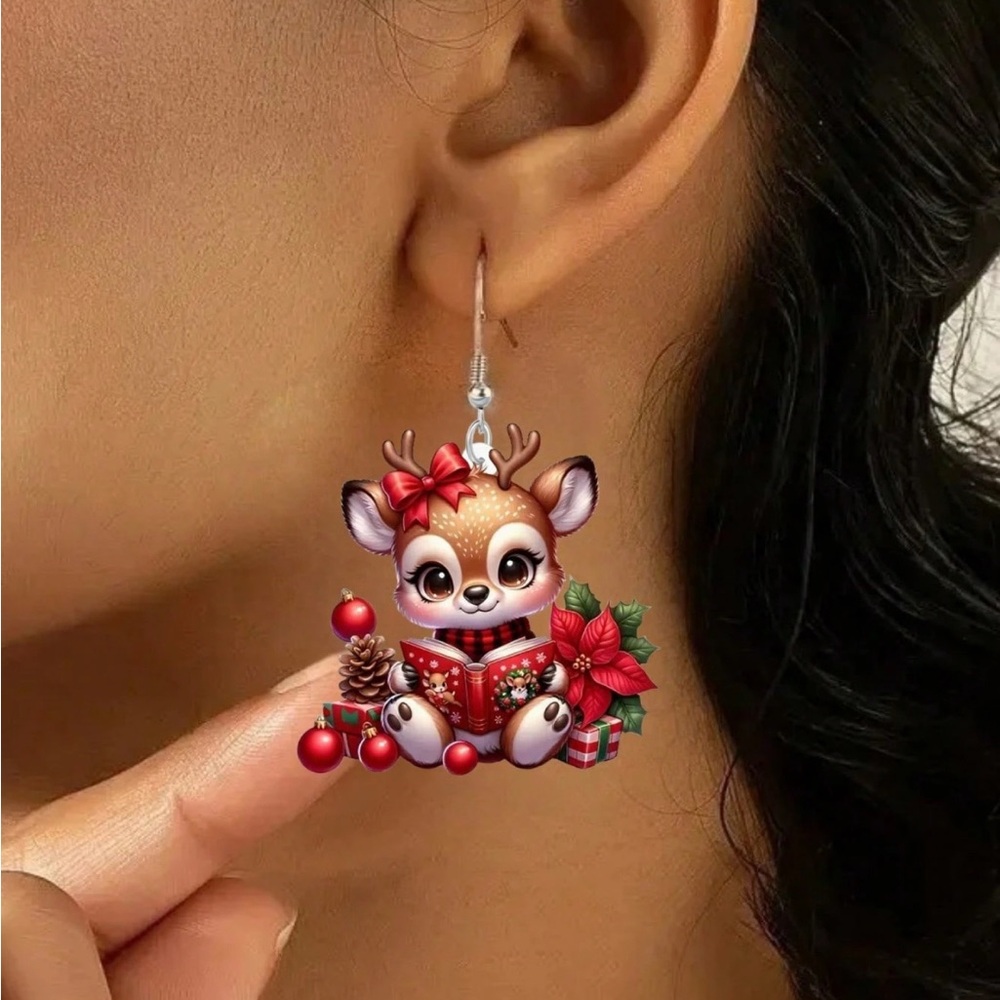 Reindeer Reading A Book Earrings with Red Accents - Picture 7 of 7
